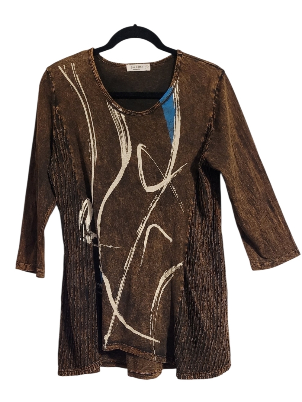 Jess & Jane Brown Abstract Brushstrokes Crinkle Accent Cotton Tunic Top S Boho